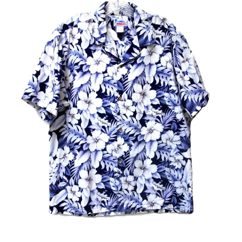 Vintage Hawaii White Blue Floral Hibiscus Shirt 100% Cotton Made In USA Size L